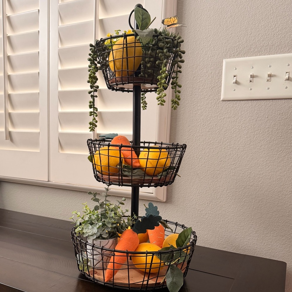 Three-Tier Black Wire Basket with Faux Lemons and Carrots